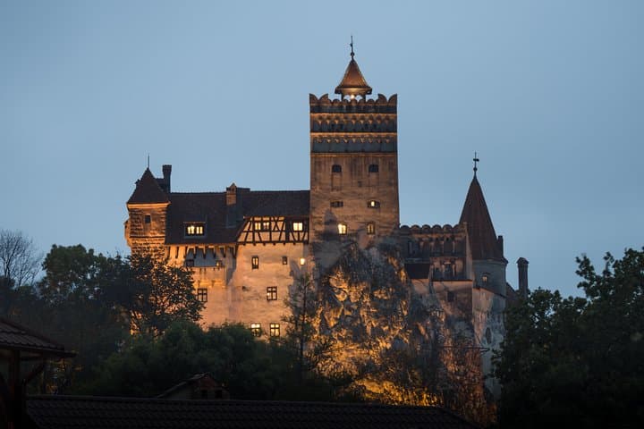 Elaborate mountain castle with tall towers and timbered facades, surrounded by evergreen forest and lawns.